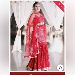 Stunning Appealing Red Thread And Sequins Embroidered Georgette Sharara Suit